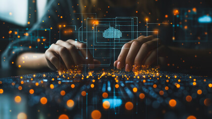Poster - a woman is typing on a computer keyboard with a cloud symbol on the screen