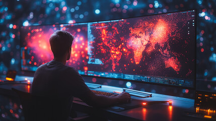 Poster - A man is sitting in front of a computer monitor with a red and blue background