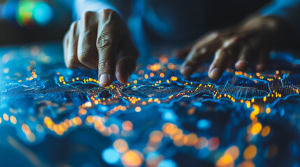 Poster - A hand is pointing at a glowing blue and orange map