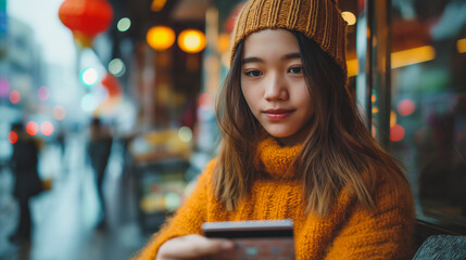 Sticker - A woman in a yellow sweater is holding a credit card and looking at her phone