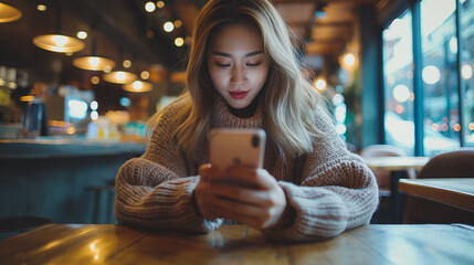 Wall Mural - A woman is sitting at a table in a restaurant, looking at her cell phone