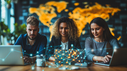 Aufkleber - Three people are sitting at a table with laptops, working together