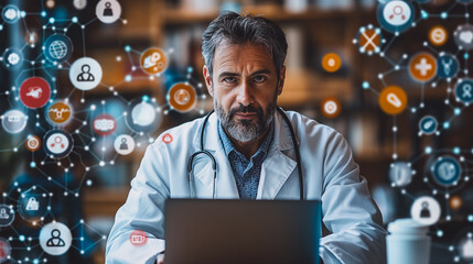 Poster - A man in a white lab coat is sitting at a desk with a laptop