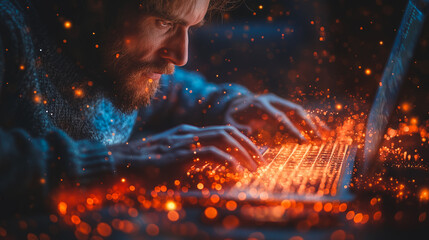 Poster - A man is typing on a laptop with a blurry background