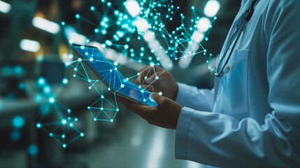 Poster - a doctor is holding a tablet with a blue screen that has a lot of lines on it