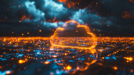 Fototapete - A glowing cloud in the sky with a city in the background