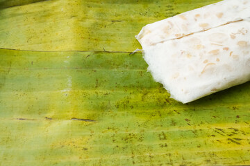 Traditional tempeh wrapped in banana leaves. Tempeh is a traditional Indonesian food made from fermented soybeans and special yeast mold. Concept for vegetable protein and plant based food.