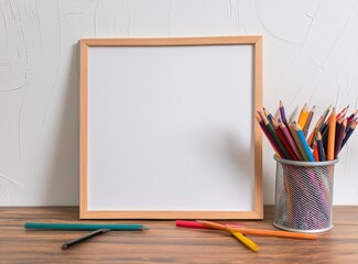 Canvas Print - White frame mockup isolated on wooden countertop next to pencils to write (copy space)