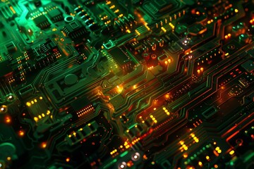 Poster - Detailed view of an illuminated, hightech circuit board, symbolizing advanced technology
