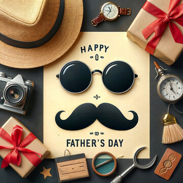 Happy Father's Day greeting card, banner, poster or flyer design with flying origami hearts over clouds with air balloons, paper mustache, glasses and bow tie ,illustration created with generative ai.