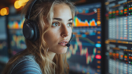 Poster - A Women is looking at a computer monitor shows a graph of stock Stock market curve. Investing in the stock market. Stock exchange.