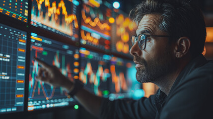 Poster - A business man are looking at a screen with pointing at on the screen.  Investing in the stock market. Stock exchange..