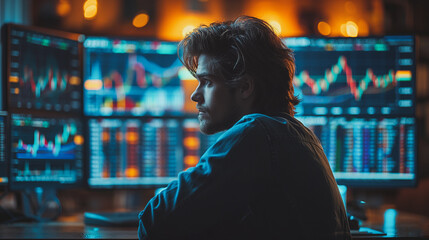 Poster - He is focused on screens displaying stock market graphs
