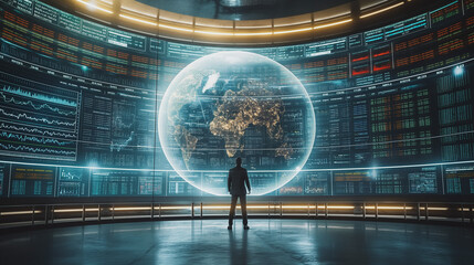 Poster - A man stands surrounded by screens displaying stock market graphs