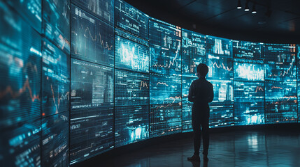 Poster - A man stands surrounded by screens displaying stock market graphs