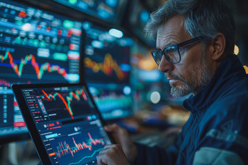 Poster - a man is looking at a computer screen with displaying stock market graphs