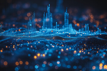 Poster - A cityscape with a blue background and orange and yellow lights