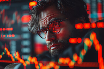 Poster - stressed stock exchange trader can't apprehend a sudden stock market collapse. financial crisis conc