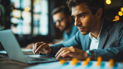 Poster - A man is typing on a laptop in front of a man with glasses