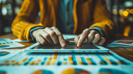Poster - A person is using a tablet to type on a table with many graphs and charts