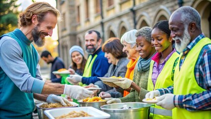 Volunteers close up are serving meal to homeless