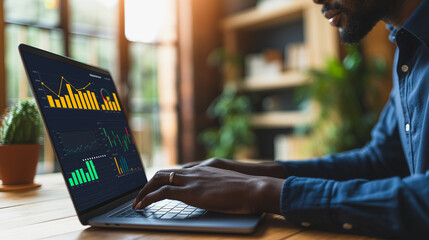 Poster - A man is using a laptop to analyze data on a graph