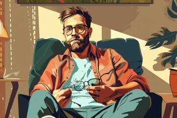Poster - A man sitting in a chair holding a remote control. Suitable for technology and leisure concepts