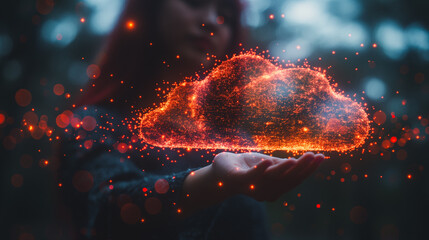 Poster - A woman is holding a cloud in her hand, surrounded by bright orange sparks
