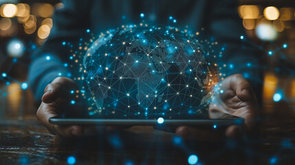 Poster - A person is holding a tablet with a blue globe on it