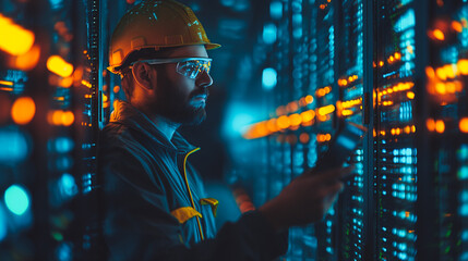 Poster - A man in a yellow helmet is looking at a computer screen