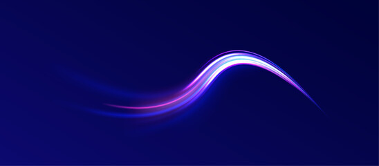 Fototapete - Lines in the shape of a comet against a dark background. Elegant bright neon linear wave. Speed of light concept background. 