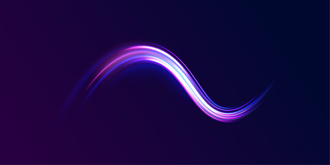 Fototapete - Lines in the shape of a comet against a dark background. Elegant bright neon linear wave. Speed of light concept background. 