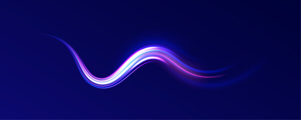 Fototapete - Lines in the shape of a comet against a dark background. Elegant bright neon linear wave. Speed of light concept background. 