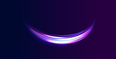Fototapete - Lines in the shape of a comet against a dark background. Elegant bright neon linear wave. Speed of light concept background. 