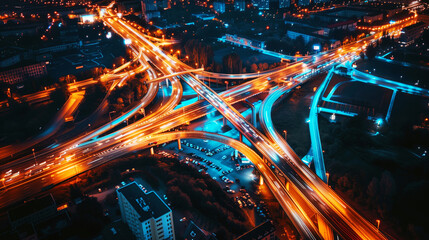 Canvas Print - Aerial view of a complex urban highway interchange illuminated with vibrant orange and blue lights at night, highlighting the dynamic flow of city traffic.