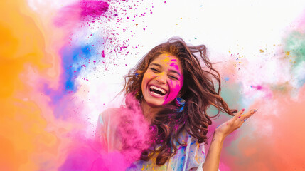 Canvas Print - Young indian woman celebrating holi festival