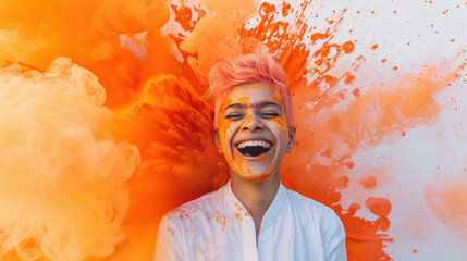 Canvas Print - Young indian woman celebrating holi festival