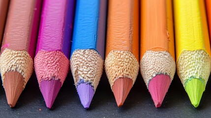 a close-up image showcasing a vibrant array of sharpened color pencils arranged in a neat line on a 