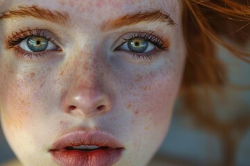 Wall Mural - Intense gaze of a young woman with vivid blue eyes and natural freckles, detailed facial closeup