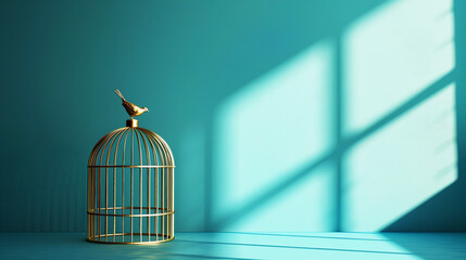 Canvas Print - A minimalist image featuring an empty golden birdcage with a bird figurine on top, set against a teal background with contrasting light and shadow.