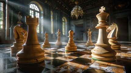 Wall Mural - Dramatic Lighting: Use high-contrast lighting to illuminate the chess pieces, casting dramatic shadows that highlight the intricate details of the pieces against a dark background.  Generative AI