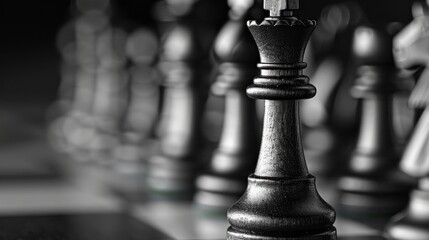 Wall Mural - Selective Focus: Utilize selective focus to draw attention to key chess pieces such as the king, queen, and knights, symbolizing important business strategies and decision-makers. Generative AI