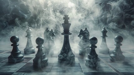 Wall Mural - Smoke and Fog Effects: Incorporate digital or real smoke and fog effects to create a mysterious and intense atmosphere, emphasizing the strategic and competitive nature of chess game. Generative AI