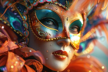 A person wearing a colorful carnival mask. Suitable for festive concepts