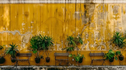 a 15 meter tall yellow wall, aged paint, with old benches, chairs, and bright green tropical plants at the base, HD high quality clear 350k photo --ar 16:9 --style raw --weird 900 