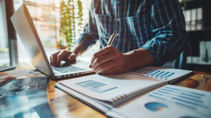 Wall Mural - A professional working on a laptop with documents and charts on a wooden desk, highlighting analysis, data review, and business planning in a sunlit office.