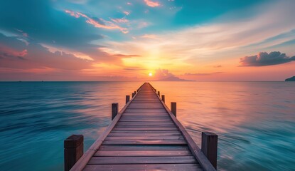 Poster - Long bridge leading to the horizon with a stunning sunset sky
