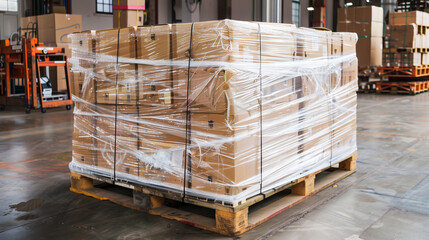 Sticker - A large wooden pallet wrapped in plastic film holds numerous cardboard boxes inside a warehouse, representing logistics and storage operations.