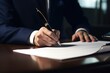 © Jahan Mirovi - A man in a suit writing on a piece of paper, signing a legal document with a fountain pen. Generative AI