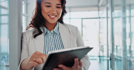 Poster - Woman, tablet and business contact in office, planning and communication on app for feedback. Female person, professional and networking for project, schedule and website for agenda or reading report